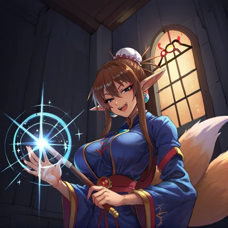 anime artwork Masterpiece, high quality, score_9, score_8_up, score_7_up, 1girl, solo, from below, witch, robe, smug, open smile, bedroom, window, backlighting, holding wand, casting spell, magic, sparkle, <lora:Ursula_Breath_of_Fire_IV_XL:0.3> brown hair, black eyes, sidelocks, single hair bun, bun cover, eyeliner, pointy ears, animal ears, fox tail, medium breasts <lora:Lorna-SDXL(Pony)-v01:0.6> victory, tan, pointy ears, long hair, <lora:CanvasSolaris_Style_V2.5:1> cnvsls . anime style, key visual, vibrant, studio anime,  highly detailed