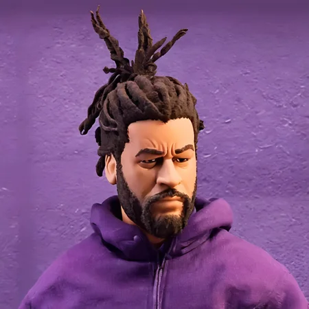 a photo of a cinematic still of rhwrld , dreads in a bun in the style of rbtchkn <lora:riiahworldxl:1> rhwrld <lora:jcoleXL:0.7> robot chicken, rbtchkn, robot chicken tv show, stop motion, depth of field , close up