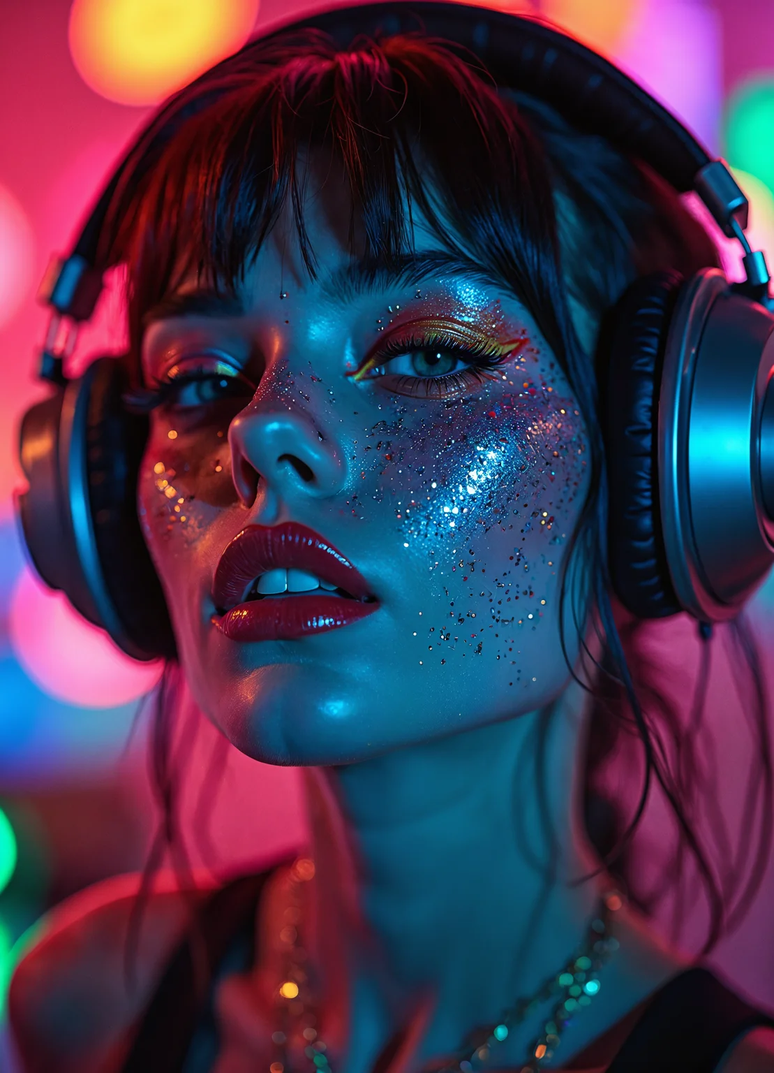 Devil woman wearing headphones, in the style of mysterious abstractions, double exposure,  bathed in vibrant neon colors. Face illuminated by a kaleidoscope of electric hues - cyan, magenta, yellow, and emerald green. Striking contrast between cool blues and warm oranges across the features. Iridescent, glitter-like particles scattered over the skin, creating a cosmic effect. Piercing eyes with multicolored reflections