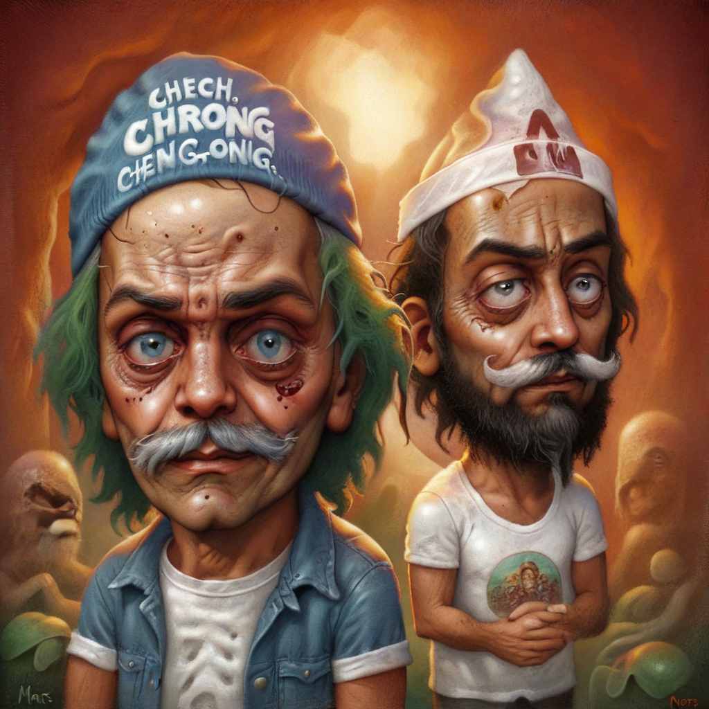 Cheech & Chong, 2 men, rotten skin, by Chris Mars <lora:Chris_Mars:1> <lora:zkeleton:1>