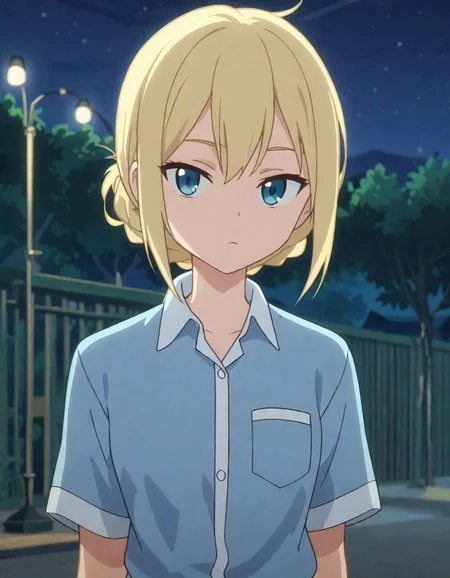 1girl , looking at viewer , blue shirt, collared shirt, miniskirt , blonde hair , hand behind back
, night
, scrore_9, score_8_up, score_7_up, screencap
<lora:rou:1>