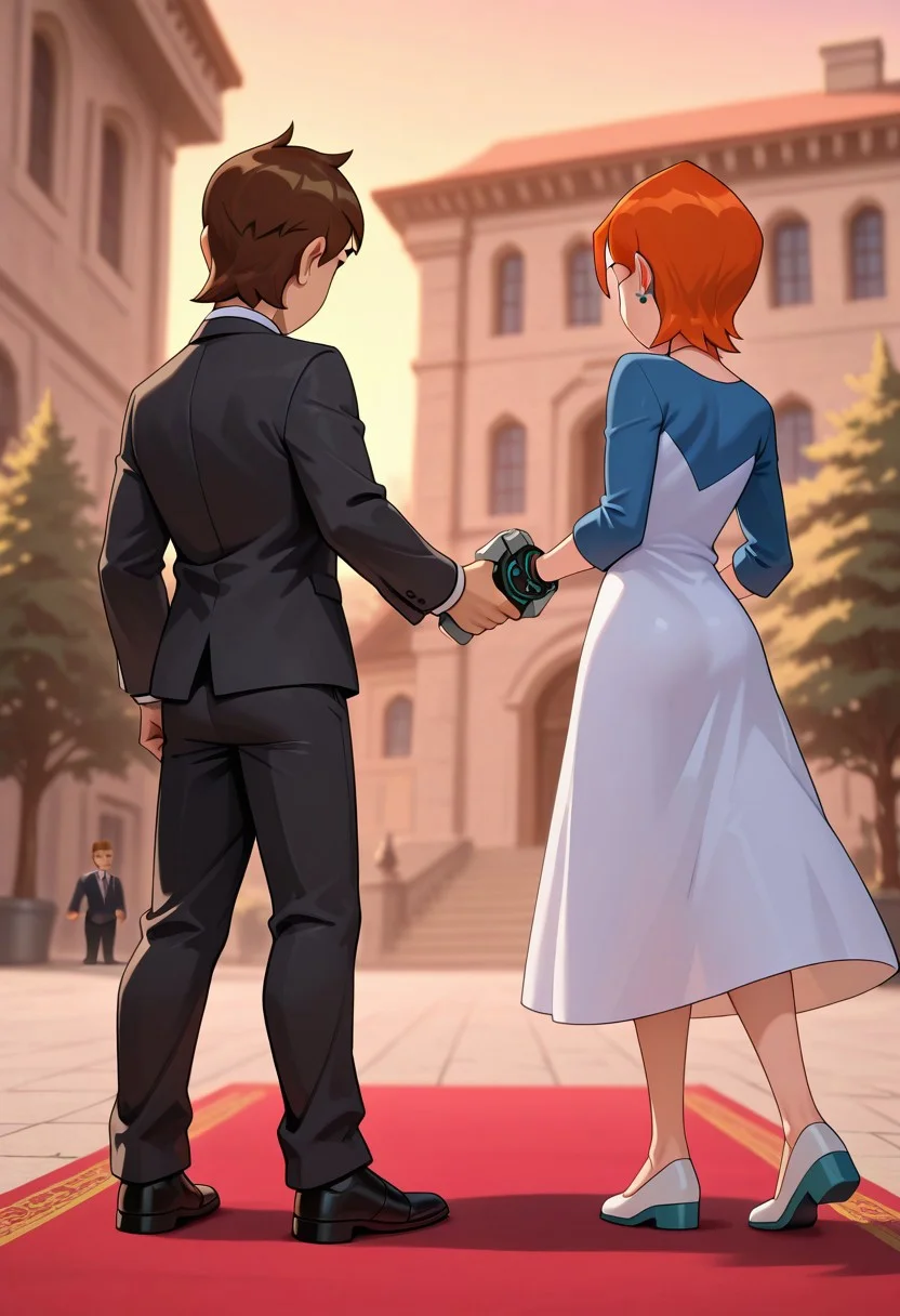 masterpiece, best quality, absurdres, ben_w_gwen, (1boy, ben_t, brown hair, suit), break, (1girl, gwen_t, orange hair, dress,), formal, outdoors, red carpet,