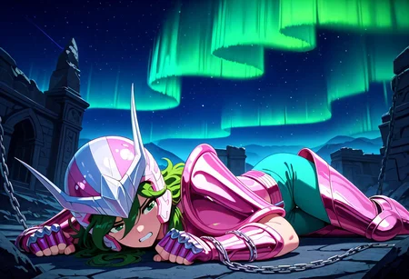 masterpiece, best quality, amazing quality, very aesthetic, absurdres, newest, ANDROMESHUN, ANDRSHUNV1, 1boy, slender figure, pink pauldrons, pink two pronged helmet, long wavy green hair, green eyes, pink sleeveless armor, pink vambraces, fingerless pink gloves, pink thighhigh greaves, green pants, pink belt, pink boots, chains, lying on ground, ruined temple, aurora, night sky, colorful lighting, shiny armor, clenched teeth, hands down