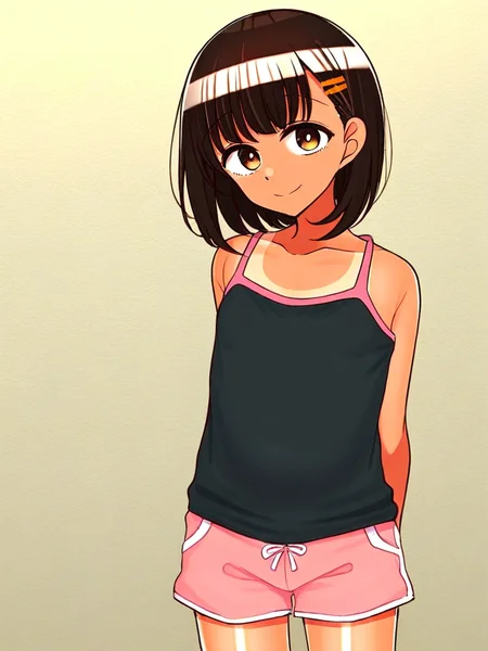 score_9, score_8_up, score_7_up,  
1girl, brown hair, medium hair, hairclip, flat chest, tan, black camisole, pink shorts, arms behind back, standing, smile, looking at viewer,
