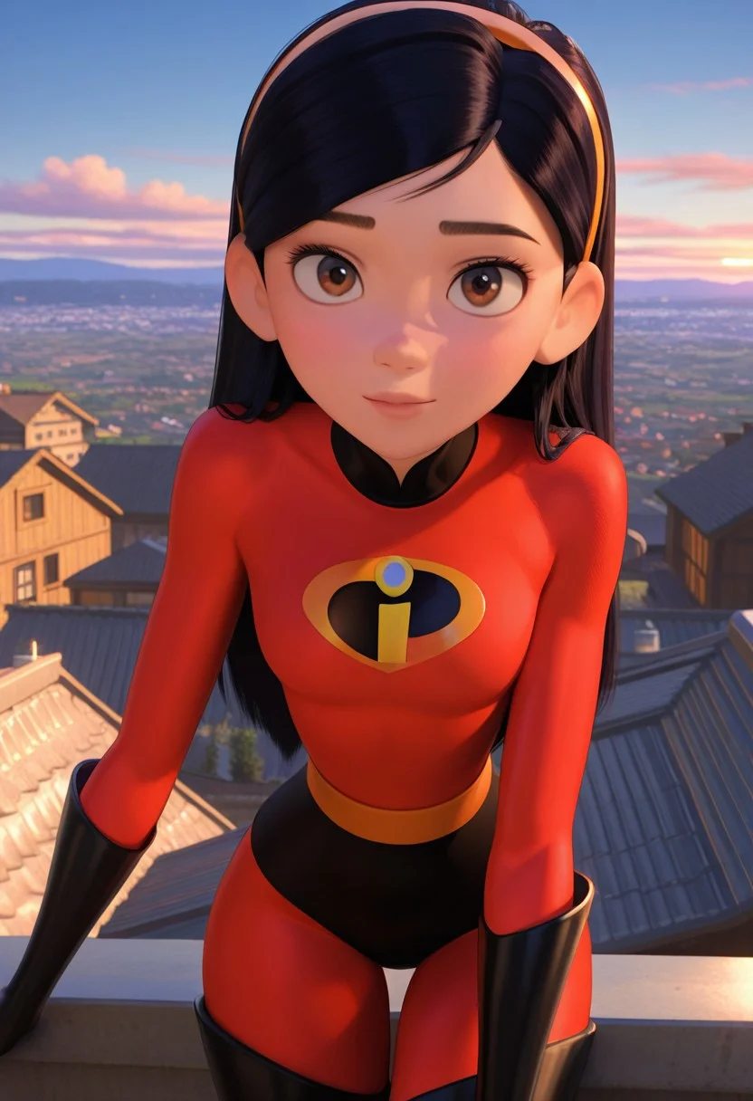3d, 1girl, violet parr, superhero costume, looking at viewer, solo, cowboy shot, outdoors, (masterpiece,best quality,newest,absurdres,highres) <lora:VioletParr_NAI:1>, leaning forward, rooftop, city view, brown eyes, rural, countryside evening, beautiful sky