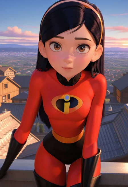 3d, 1girl, violet parr, superhero costume, looking at viewer, solo, cowboy shot, outdoors, (masterpiece,best quality,newest,absurdres,highres) <lora:VioletParr_NAI:1>, leaning forward, rooftop, city view, brown eyes, rural, countryside evening, beautiful sky