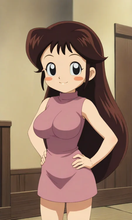 sayuki, 1girl, solo, brown hair, long hair, black eyes, asymmetrical bangs, hair between eyes, sidelocks, blush stickers, (dark pink) dress, turtleneck dress, (sleeveless dress:1.1), minidress, light smile, closed mouth, hands on own hips