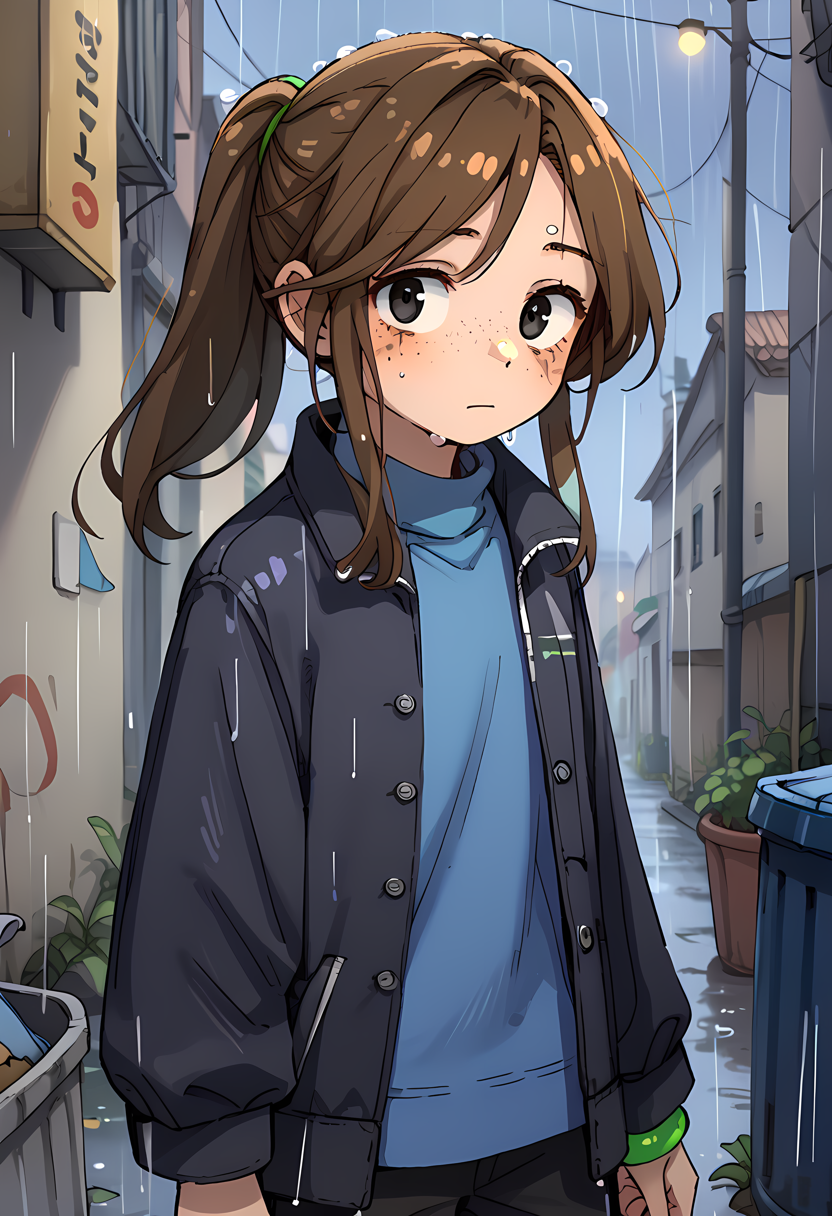 score_9, score_8_up, score_7_up, score_6_up, score_5_up, score_4_up,,a cute cartoon woman , freckles, solo, brown hair, rain, black pants, 1girl, pants, turtleneck,  ponytail,charlotte,,black open jacket, blue shirt,black eyes, <lora:Charlottev2:1>green shiny bracelet at right hand,flat chest,green clip,
heavy rain,looking at viewer,young girl,back alley,trash cans at background,, (portrai shot, upper body)
