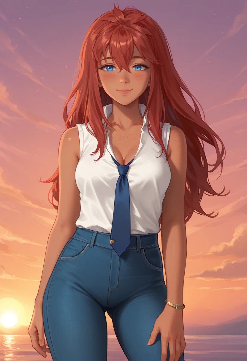 score_9, score_8_up, score_7_up,
best quality, masterpiece, ultra detailed,
22 years old, 170 cm height,
<lora:Expressive_H:1>, expressiveh, light smile, blush, closed mouth,
looking at viewer,
dynamic pose, cowboy shot,
head, torso, thighs, knees in the image, standing,
<lora:Everlasting_Summer_Ulyana_adult_verion_by_GraffMetal_V1:1>, ulyana, long hair, red hair, blue eyes, dark skin, face freckles, medium breasts, body freckles, bangs, hair between eyes, solo, straight hair,
wear white shirt and blue jeans, bracelet on left hand, sleeveless, blue tie, cleavage,
sunset, warm light, cozy, atmospheric background, purple colors background,
amazing background,