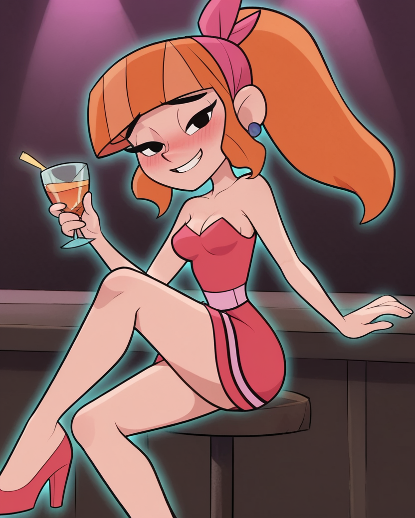 score_9, source anime ,blushing, drunk, (((red dress, medium breasts, at a club, sitting))), good proportion, looking at viewers, smiling, holding a glasse of drinks,
<lora:teodorapony:1> teodora, score_9, score_8_up, score_8, source_anime, teodorapony, 1girl, solo, jewelry, earrings, long hair, orange hair, black eyes, bandana, bangs,  ponytail, high heels,  blunt bangs,skirt, ponytail,