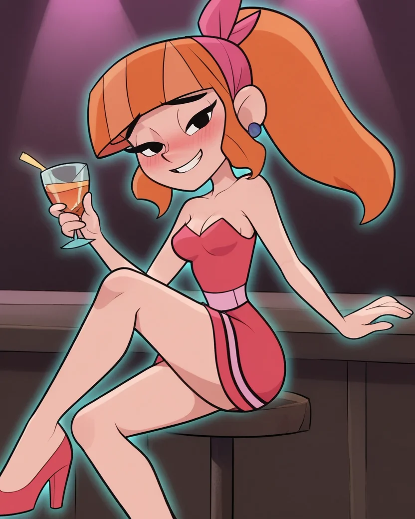 score_9, source anime ,blushing, drunk, (((red dress, medium breasts, at a club, sitting))), good proportion, looking at viewers, smiling, holding a glasse of drinks,
<lora:teodorapony:1> teodora, score_9, score_8_up, score_8, source_anime, teodorapony, 1girl, solo, jewelry, earrings, long hair, orange hair, black eyes, bandana, bangs,  ponytail, high heels,  blunt bangs,skirt, ponytail,
