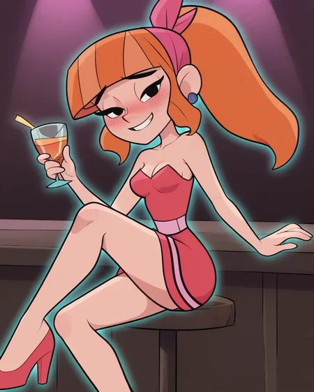 score_9, source anime ,blushing, drunk, (((red dress, medium breasts, at a club, sitting))), good proportion, looking at viewers, smiling, holding a glasse of drinks,
<lora:teodorapony:1> teodora, score_9, score_8_up, score_8, source_anime, teodorapony, 1girl, solo, jewelry, earrings, long hair, orange hair, black eyes, bandana, bangs, ponytail, high heels, blunt bangs,skirt, ponytail,