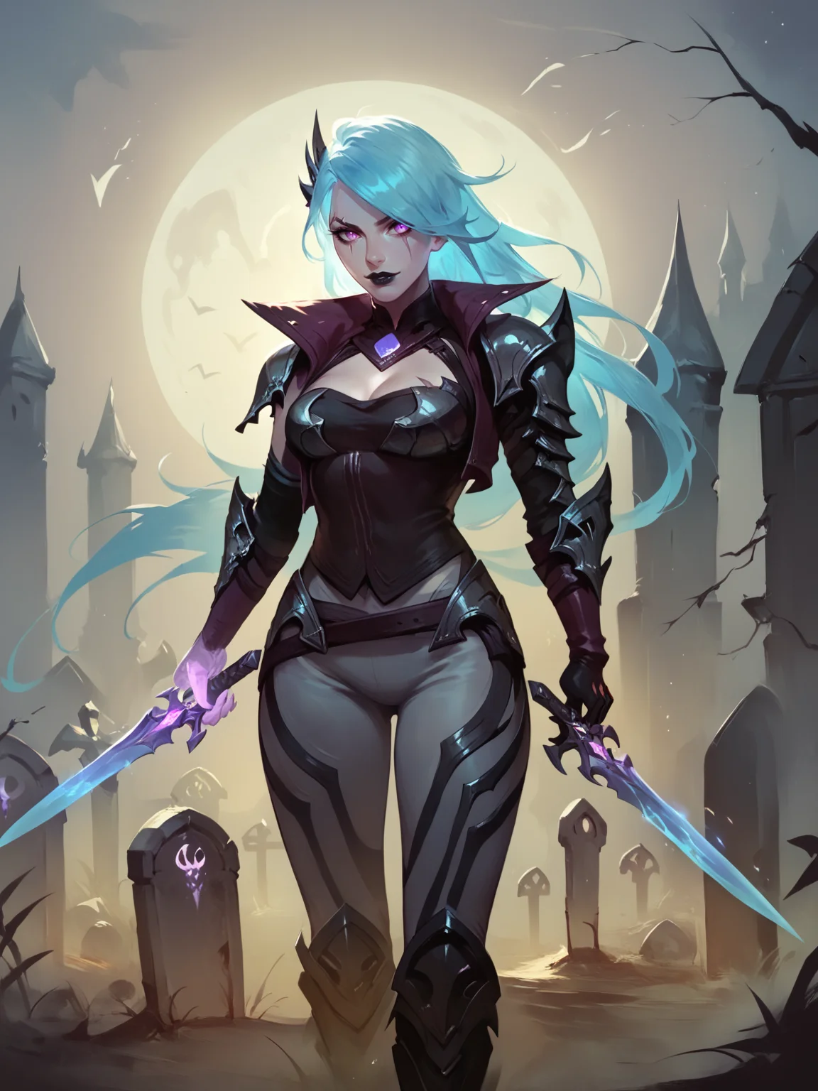 score_9, score_8_up, score_7_up, BREAK, KatarinaDS, 1girl, solo, turquoise hair, hairpin, scar on eye, black lips, purple eyes, high collar, black corset, one glowing ghost hand, one glove, glowing daggers, gray pants, black boots, Concept Art, pierces enemy body with a dagger, graveyard background, fogy night, <lora:KatarinaDS:1> <lora:Concept Art Twilight Style SDXL_LoRA_Pony Diffusion V6 XL:1>