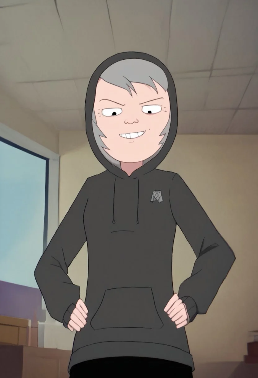 leslie_hoodie, 1girl, gilf, wrinkles, short grey hair, small black eyes, brown sweater, black pants, black ballerina, hood off, score_9_up, score_8_up, score_7_up, BREAK, 1girl, solo, looking at viewer, cute, smirk, from below, hands on hips, head tilt, female focus, ultra detailed, detailed background, office, masterpiece, best quality, 8k, Expressiveh,