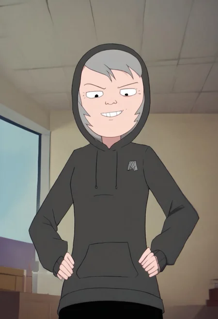 leslie_hoodie, 1girl, gilf, wrinkles, short grey hair, small black eyes, brown sweater, black pants, black ballerina, hood off, score_9_up, score_8_up, score_7_up, BREAK, 1girl, solo, looking at viewer, cute, smirk, from below, hands on hips, head tilt, female focus, ultra detailed, detailed background, office, masterpiece, best quality, 8k, Expressiveh,