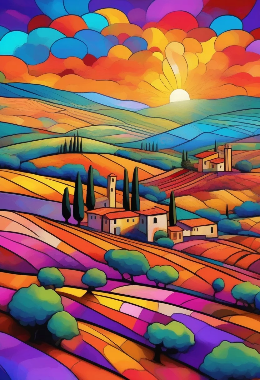 Rolling hills of Tuscany in a vibrant psychedelic style, with bold, surreal colors separated by sharp black lines, creating a stained-glass effect. A small village in the distance with terracotta rooftops and stone walls, stylized with vivid hues of purple, blue, and orange. Cypress trees and wildflowers rendered in exaggerated, kaleidoscopic patterns. Golden sunlight breaking through in fragmented beams, casting a dreamlike glow over the landscape. Highly detailed, surreal composition, inspired by psychedelic art and Italian countryside aesthetics, 8K resolution, vivid and trippy yet harmonious color palette, a mesmerizing and otherworldly mood.