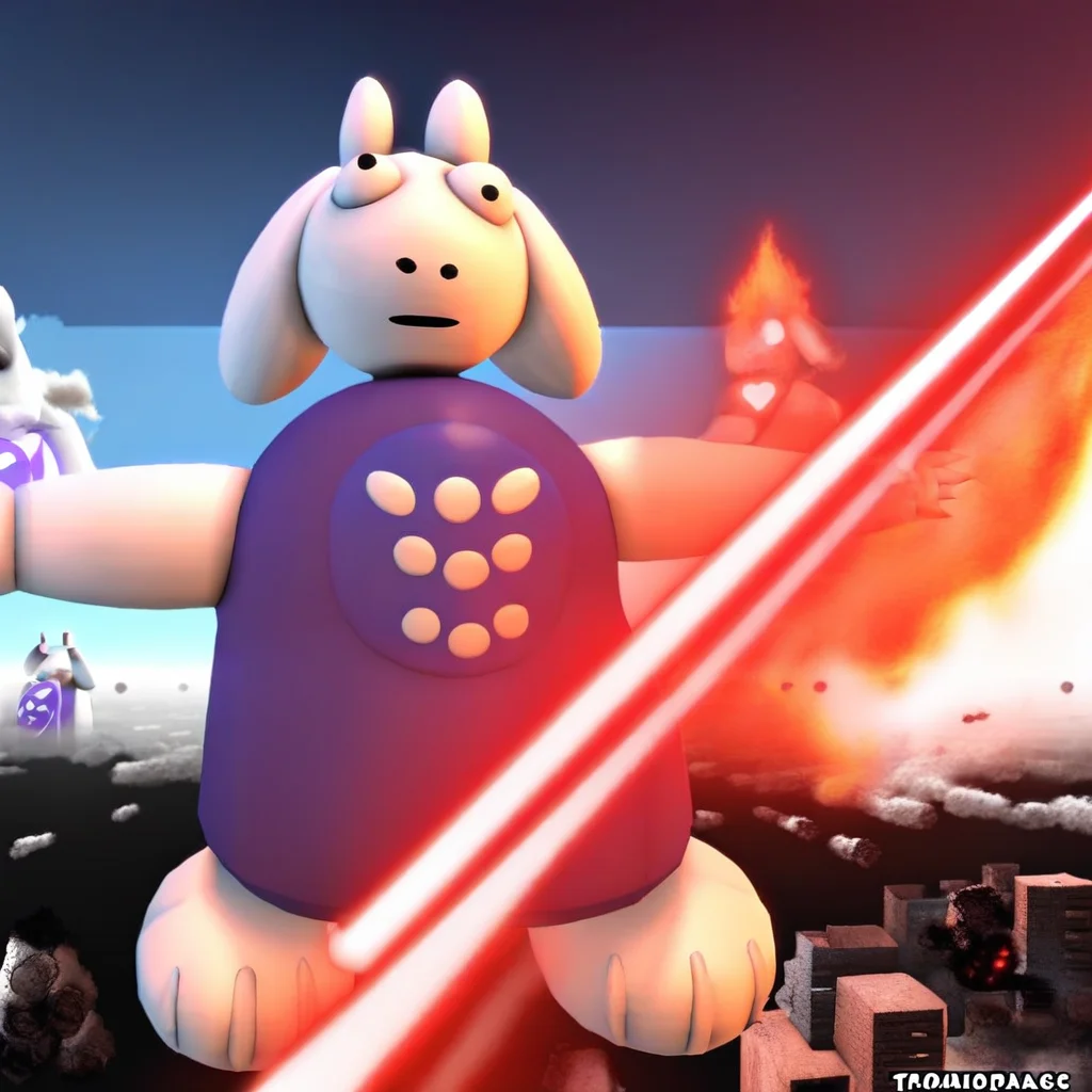 3d, 3dtoriel, solo, furry, tpose, floating, from below, glowing eyes, lens flare, laser eyes, fire background, destruction