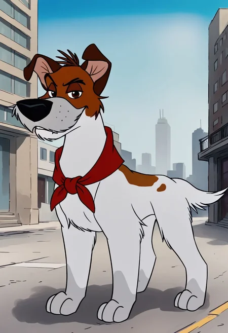 Feral, male, city, day sky, looking at viewer, bandana, around neck, smile, dog tail, white fur, grey snout, Brown head, standing,