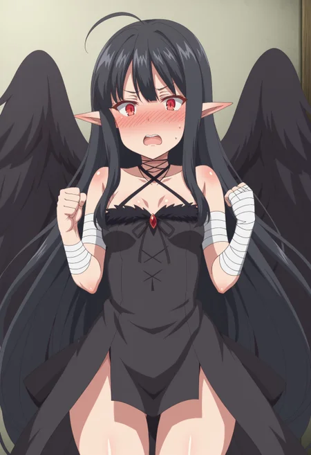 EBEve, 1girl, solo, long hair, blush, open mouth, black hair, red eyes, dress, bare shoulders, very long hair, collarbone, small breasts, thick thighs, wings, teeth, pointy ears, sweatdrop, black dress, nose blush, halterneck, bandages, feathered wings, clenched hands, black wings, bandaged arm, criss-cross halter, aged up, 
 <lora:xl_more_art-full_v1:0.8>,  <lora:EveReese:1>