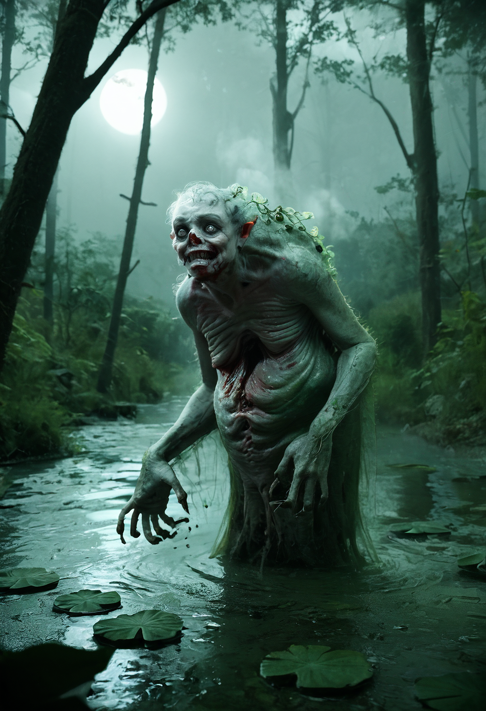 score_9, score_8_up, score_7_up, zy_monster, realistic, swamp, blackened water, submerged bodies, twisted trees, gnarled branches, fleshy vines, twitching, pulsing, enormous creature, nightmarish amalgamation, limbs and faces, bony arms, clawed hands, contorted face, eyes and mouths, agony, unnatural grin, bubbling water, steaming, blood trails, ichor, misty air, distant moon, eerie silver light, bog, horror, grotesque, dark atmosphere, highly detailed, high contrast, film grain, Rim Lighting , <lora:zy_Horror_Monsters_PonyRealism_v1:0.75>