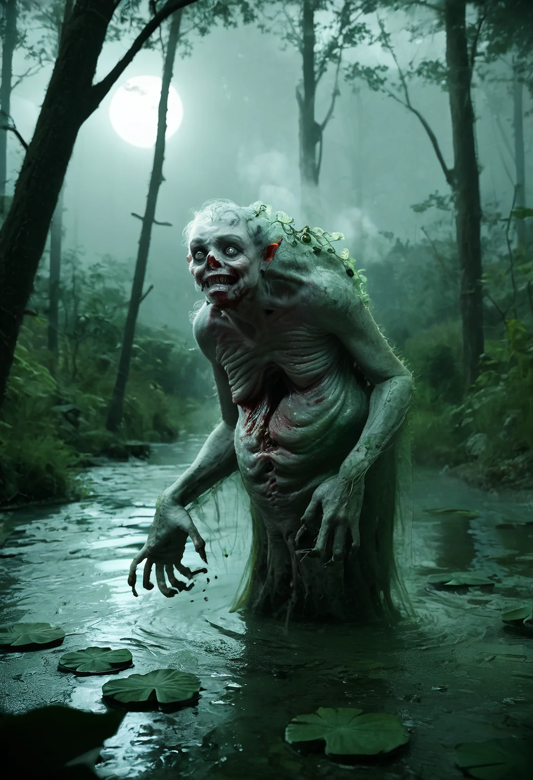 score_9, score_8_up, score_7_up, zy_monster, realistic, swamp, blackened water, submerged bodies, twisted trees, gnarled branches, fleshy vines, twitching, pulsing, enormous creature, nightmarish amalgamation, limbs and faces, bony arms, clawed hands, contorted face, eyes and mouths, agony, unnatural grin, bubbling water, steaming, blood trails, ichor, misty air, distant moon, eerie silver light, bog, horror, grotesque, dark atmosphere, highly detailed, high contrast, film grain, Rim Lighting , <lora:zy_Horror_Monsters_PonyRealism_v1:0.75>
