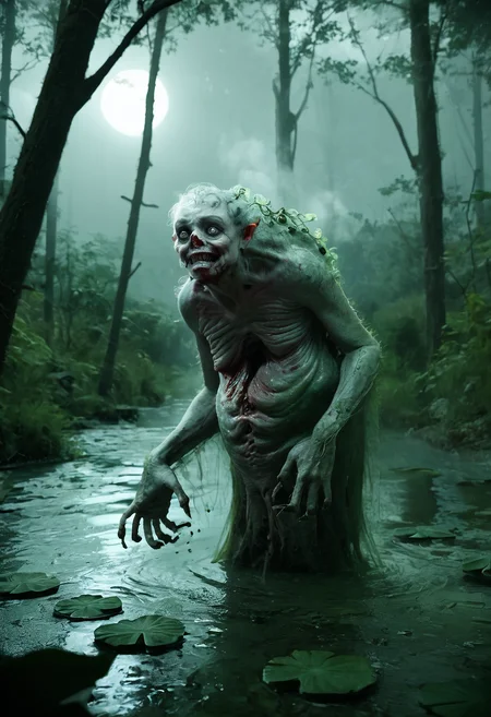 score_9, score_8_up, score_7_up, zy_monster, realistic, swamp, blackened water, submerged bodies, twisted trees, gnarled branches, fleshy vines, twitching, pulsing, enormous creature, nightmarish amalgamation, limbs and faces, bony arms, clawed hands, contorted face, eyes and mouths, agony, unnatural grin, bubbling water, steaming, blood trails, ichor, misty air, distant moon, eerie silver light, bog, horror, grotesque, dark atmosphere, highly detailed, high contrast, film grain, Rim Lighting , <lora:zy_Horror_Monsters_PonyRealism_v1:0.75>
