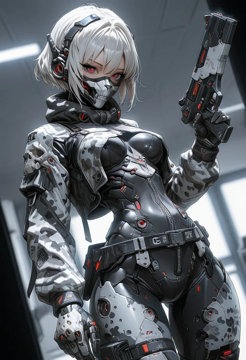 Anime 3D cyber warrior japan girl, masterpiece, best quality, good quality, very aesthetic, absurdres, newest, 8K, depth of field, focused subject, dynamic angle, in the style of ckgr, 1girl, android, black and white camouflage mask is open, skull gloves, holding a futuristic gun, anime
