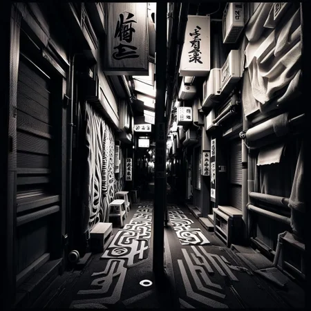 abstract , line art, luminescent, shadowy, negative space, prints, layers, complex motifs, shadowy linen, dark, deepness feeling, perspective, pop-art, street-art, line-art, stardeaf-splashpunk, syonbenyokocho, street, japan