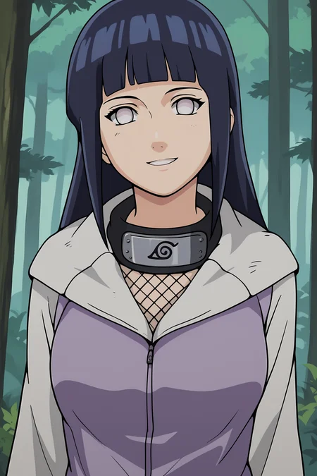 score_9, score_8_up, score_7_up, score_6_up, BREAK, HinataHyugaNXL, no pupils, white eyes, black hair, long hair, blunt bangs, mediun breasts, forehead protector, fishnets, purple jacket, long sleeves, solo, front view, (portrait, upper body), solo focus, seductive smile, looking at viewer, forest <lora:HinataHyugaNXL:1>