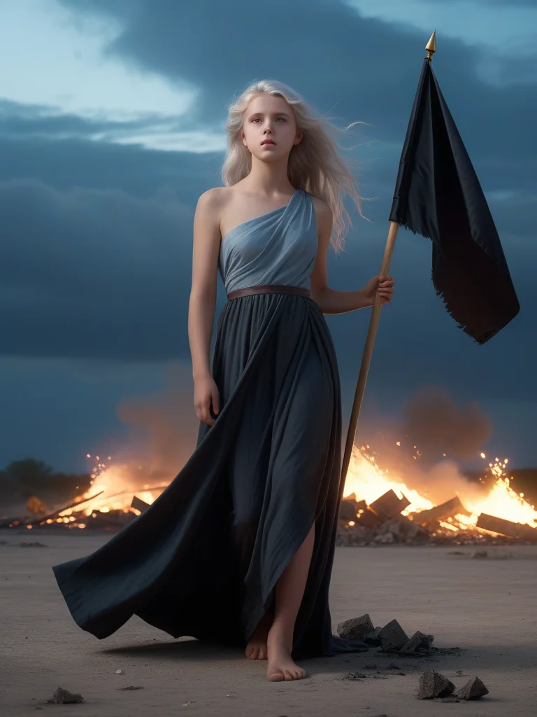<lora:05ClassicalArt_Hap_XL:1>, William-Adolphe Bouguereau style, 1girl, light blue eyes, blind pupils, full body, standing, bare foot, holding a banner flag, ground of ashes, debris, ruins, looking away, parted lips, long black gown, front view, hair with wind, grey sky, smoke, embers flying in the wind, white hair long hair, pinkish lips, solo, alone, detailed landscape, dark fantasy, dark lighting, night, cgi, masterpiece, best quality, very aesthetic, absurdres, serene night, beautiful sky, dancing silhouette, Complex landscape, best quality, pastel colors, light blue tint, aesthetic Ethereal, Effulgent, Idyllic atmosphere, Tranquil, ethereal quality, cinematic volume, Twinkling lighting, glowing aura, global illumination, glowneon, Anisotropic Filtering, Unrivaled Opus, Unconventional, hyper detailed, HDR,,