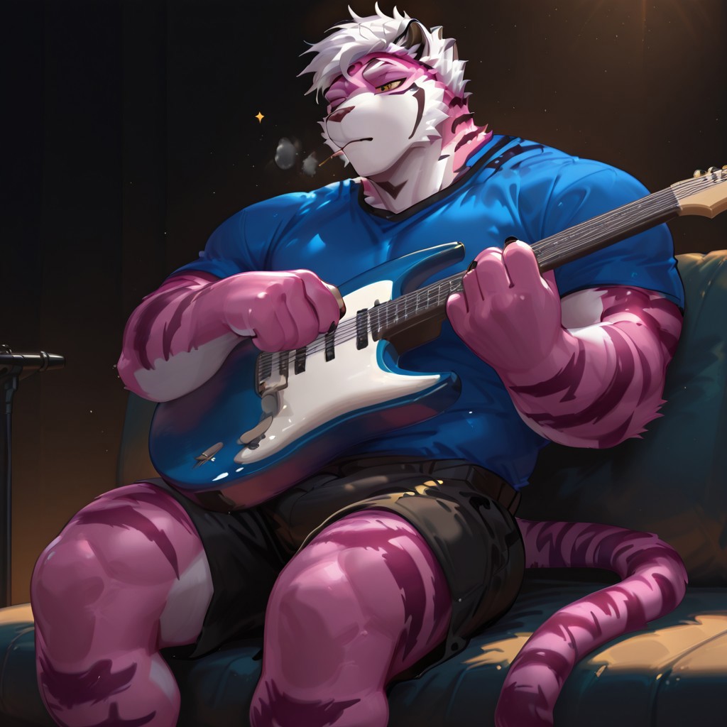 Safe_pos, masterpiece, best quality, new, absurd, high quality, 2024, 2023, masterpiece, best quality, amazing quality, (male,), perfect anatomy, enlarged, ( handsome, muscular, male,)), (1 boy, solo, (men only)), Magnum, Furry, Tiger Boy, 1boy, bara, blue shirt, tiger tail, black shorts, white hair, pink fur, white fur, tiger stripes, starry eyes, close up shot, playing guitar, instrument, sitting, showing face