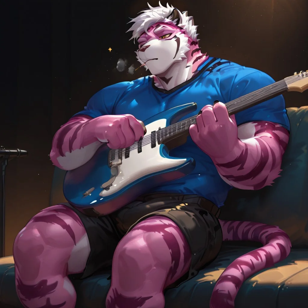 Safe_pos, masterpiece, best quality, new, absurd, high quality, 2024, 2023, masterpiece, best quality, amazing quality, (male,), perfect anatomy, enlarged, ( handsome, muscular, male,)), (1 boy, solo, (men only)), Magnum, Furry, Tiger Boy, 1boy, bara, blue shirt, tiger tail, black shorts, white hair, pink fur, white fur, tiger stripes, starry eyes, close up shot, playing guitar, instrument, sitting, showing face