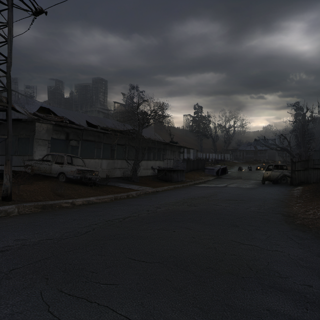 <lora:lora:1> no humans, car, motor vehicle, ground vehicle, tree, scenery, road, outdoors, sky, cloud, building, street, window, cloudy sky, house  <lora:Postapocalyptic_by_Styx_SDXL:0.7>