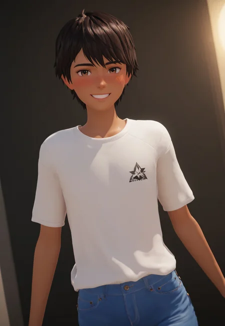 score_9, score_8_up, score_7_up, Masterpiece, Best Quality, beautiful eyes, detailed eyes, male focus, dynamic angle, dim lighting, blush lines, male focus, solo, front view, happy smile, teeth, cowboy shot, standing,
((male)), white shirt, blue jeans,
Daniel D1az, short hair, dark brown hair, brown eyes, dark skin, 3d, cgi