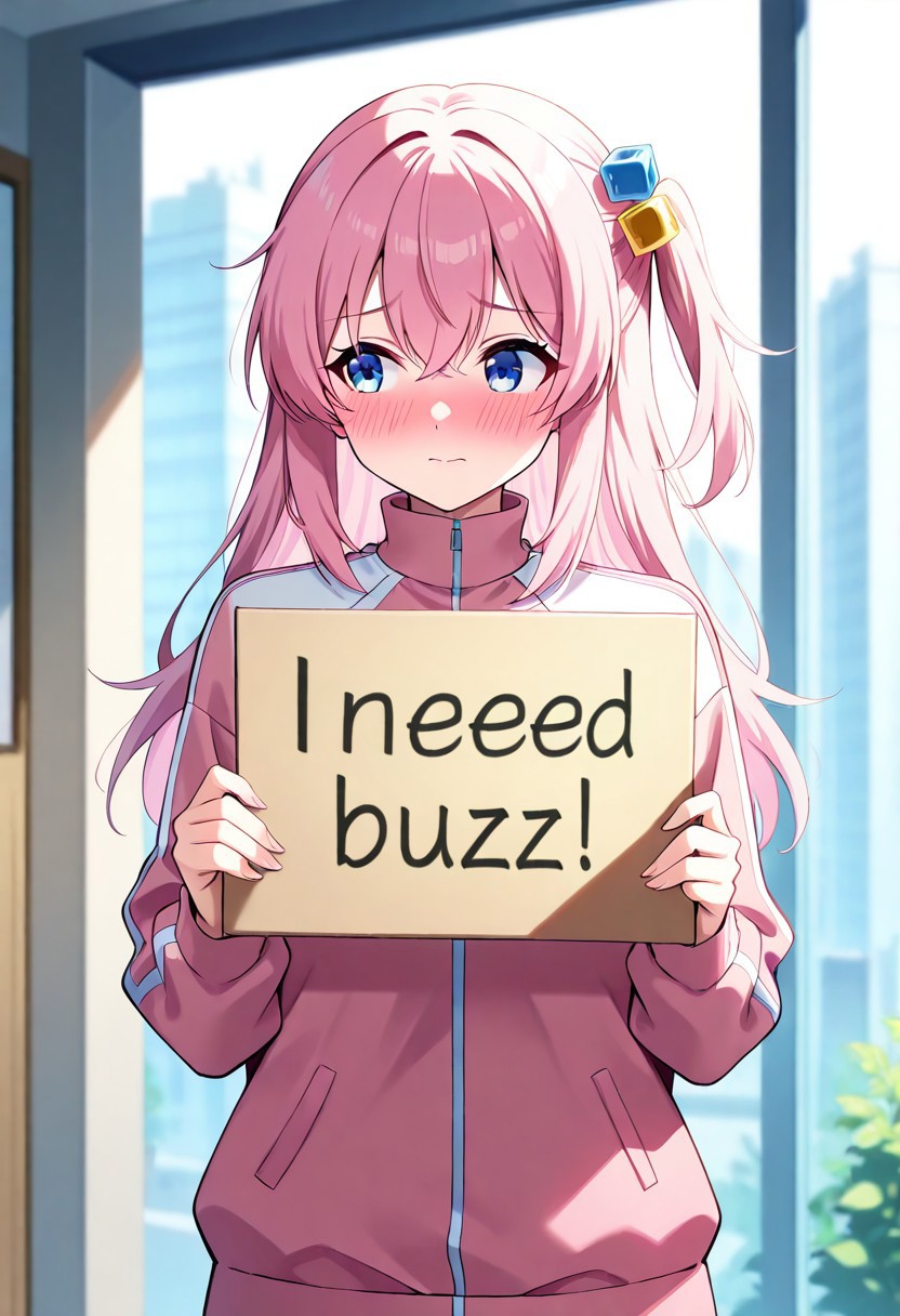 masterpiece, best quality, Ray tracing, hdr, volumetric lighting, highres, detailed background, source_anime, detailed eyes, female,  pose, 1girl,  blushing, hair ornament, cube hair ornament, blue eyes, pink long hair, pink track jacket, bangs, hair between eyes,  (need_buzz), holding sign, , solo, looking to side, embarrassed