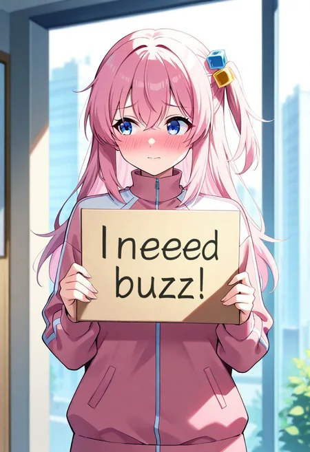 masterpiece, best quality, Ray tracing, hdr, volumetric lighting, highres, detailed background, source_anime, detailed eyes, female,  pose, 1girl,  blushing, hair ornament, cube hair ornament, blue eyes, pink long hair, pink track jacket, bangs, hair between eyes,  (need_buzz), holding sign, , solo, looking to side, embarrassed