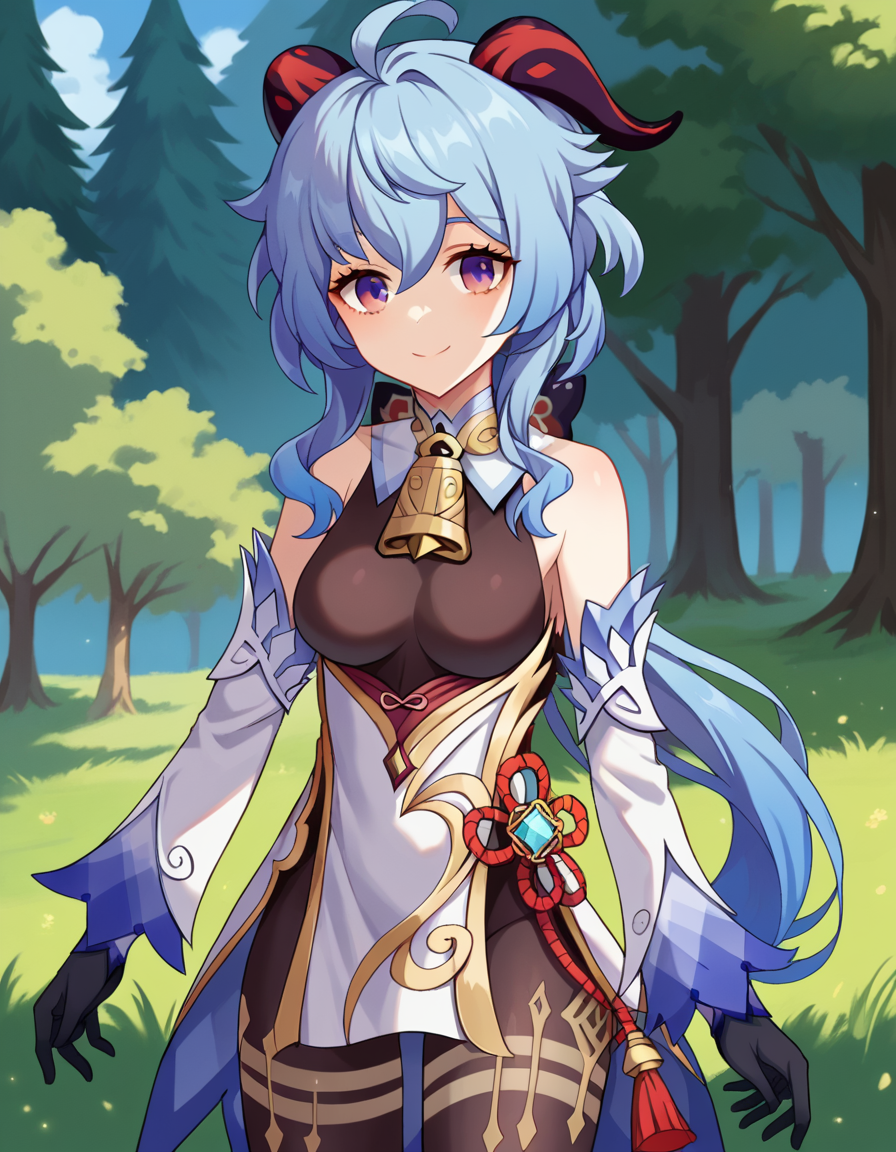 score_9, score_8_up, score_7_up, source_anime,
ganyu, <lora:ganyu-ponyxl-lora-nochekaiser:1>,
ganyu, blue hair, goat horns, horns, long hair, purple eyes, sidelocks, smile,
gloves, bare shoulders, detached sleeves, black gloves, bell, bodysuit, neck bell, black bodysuit, vision \(genshin impact\), bodystocking, cowbell, chinese knot,
outdoors, forest, nature,
looking at viewer, cowboy shot, dutch angle, dynamic pose,