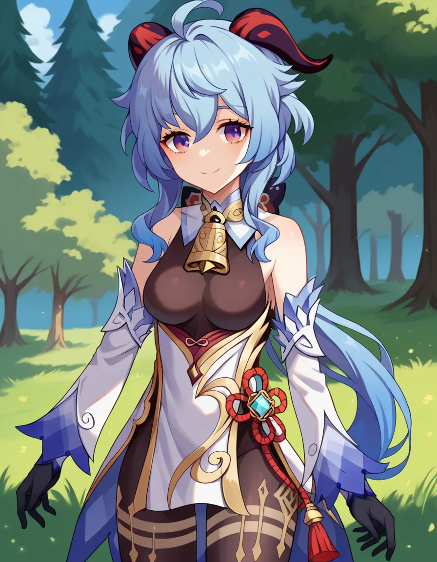 score_9, score_8_up, score_7_up, source_anime,
ganyu, <lora:ganyu-ponyxl-lora-nochekaiser:1>,
ganyu, blue hair, goat horns, horns, long hair, purple eyes, sidelocks, smile,
gloves, bare shoulders, detached sleeves, black gloves, bell, bodysuit, neck bell, black bodysuit, vision \(genshin impact\), bodystocking, cowbell, chinese knot,
outdoors, forest, nature,
looking at viewer, cowboy shot, dutch angle, dynamic pose,