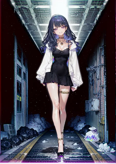 nijitoru,medium breasts,purple eyes,diamond-shaped pupils,black hair,blue hair,mole under eye,long hair,wavy hair,braid,ear piercing,earring,
nijitorucos,black dress,camisole dress,lace dress,spaghetti strap,white hoodie,closed hoodie,long sleeves,gold thighlet,single thighlet,necklace,
 <lora:niji-toru-hoodie:0.7>
smile, head tilt,
3D <lora:Anime_artist_illustrious_r1:0.7> Anime-art, Art8st, realistic dramatic lighting
<lora:p1ge0n666:0.7> p1ge0n666_illu
VTuber, Virtual YouTuber, 1girl solo, sexy pose, dynamic pose, dynamic angle, girl focus  breasts
score_9, score_8_up, score_7_up, score_6_up, best quality, masterpiece, amazing quality, very aesthetic, very awa, absurdres, newest, shiny skin glowing darkness Holographic colorful, abstract background, 
chromatic aberration, optical illusion, ssambatea, quasarcake, Fishine, arutera, soresaki, reoen, sanbonzakura, askzy, made of, detailed background, elegant and stylish, light sparks around, calm and magical atmosphere, very funny 
underground pedestrian passage beneath Japanese railway tracks, tiled or brick walls, low concrete ceiling with flickering fluorescent lights, dim lighting, wet floor with dripping water, scattered trash, abandoned construction barricades, gloomy atmosphere, realistic urban decay