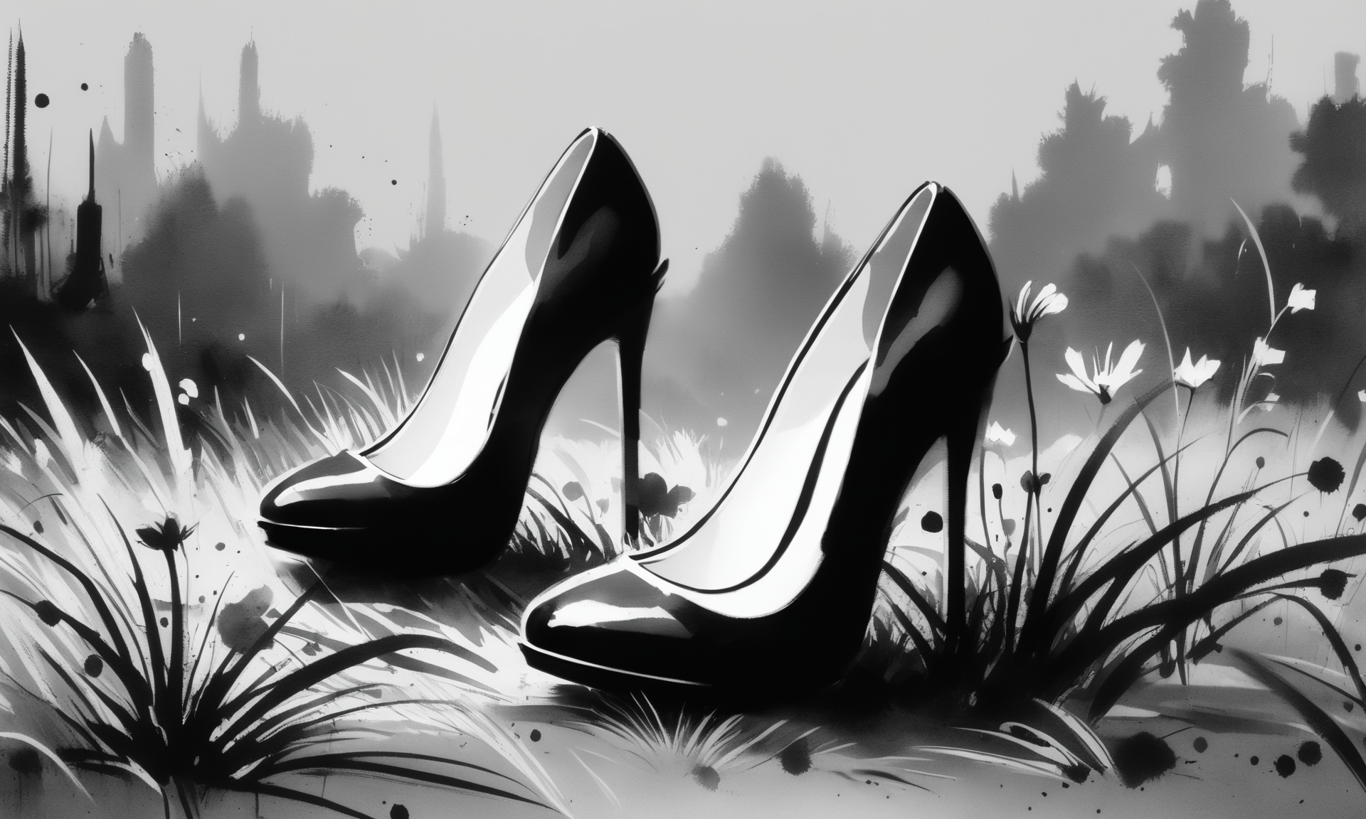 <lora:cipcd_xl-000005:0.9>,a monochrome theme cipcd_xl painting,greyscale,a pair of high heels on the grass,no humans,solo,white background,simple background,simple detailed,8K,HDR,UHD,masterpiece,best quality,high resolution,wallpaper