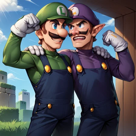 score_9, score_8_up, score_7_up, source_anime, 2boys, muscular, standing, flexing, looking at another,
BREAK Incrsluigi, luigi, green headwear, smile, <lora:Luigi_XLPD:1>, blue overalls, white gloves, long sleeves,
BREAK Waluigi, mustache, teeth, pointy ears, brown hair, hat, purple headwear, purple shirt, long sleeves, overalls, white gloves, <lora:ChamWaluigiPonyXL:1>