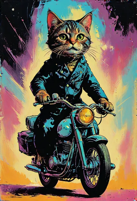 impactful color paint of old book illustration, 1950s retro science fiction cat driving motorbike, muted colors, art by jean baptiste monge, masterpiece <lora:Bold_Pop:0.6> highly detailed, vibrant colors , 8k, sharp, professional, clear, high contrast, high saturated, , vivid deep blacks, crystal clear