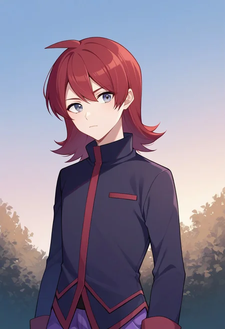 score_9, score_8_up, score_7_up, source_anime, highly detailed,
pokesilv, 1boy, male focus, solo, red hair, jacket, pants, grey eyes, purple pants, gloves, closed mouth,
standing, bangs, ahoge, long sleeves, long hair, black jacket, black gloves, upper body,
outdoor, tree, sky,