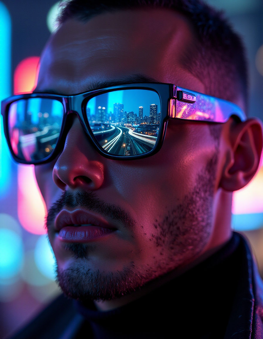 A hyperreal close-up of a man wearing futuristic iridescent sunglasses, their reflective lenses capturing the neon-lit cyber cityscape in a surreal, chromatic glow. The cityâs glowing highways and skyscrapers distort in the curvature of the lenses, bending reality with a prismatic shift of color. His sharp features are softly illuminated by the surrounding ambient light, creating a moody, cinematic aesthetic. The contrast between his textured skin and the sleek, holographic glasses enhances the depth and realism of the portrait. This is the essence of Iridescent Hyperreal Futurism, where fashion and technology merge into a vision of the future. Ultra-HD detail, cyberpunk reflections, cinematic color balance.
<lora:ral-iridescent-hyperreal-futurism-flux_000003000:1>