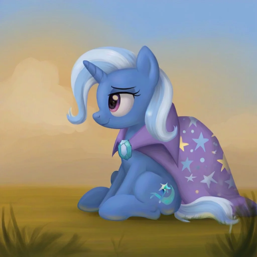 Trixie Lulamoon, unicorn, whole body view, outside, sitting, feral propotions, quadrupedal, perfect hooves, perfect ears, perfect head, perfect neck