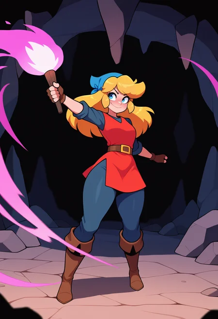 masterpiece, best quality, very aesthetic, absurdres,
1girl, cadence, blue eyes, blonde hair, long hair,
thick thighs, blue bandana, red tunic, fingerless gloves, brown boots, belt, blue pants,
standing,
smile, holding torch, cave background <lora:CadenceIllustriousXL_byKonan:1>