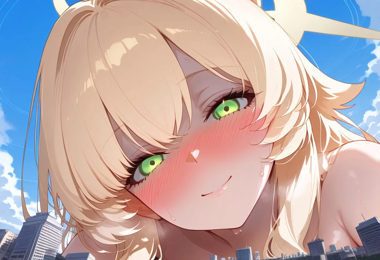 1girl, lmasterpiece, best quality, absurdres, ultra detailed, sweat, steam, imminent , detailed face,perfect eyes,easynegative,Close view,viewer is directly under model, ((super close-up view)),from below,((Ultra-low viewing angle)),(The angle of view looking up),(shaded face:0.7),(empty eyes:0.7),head tilt,yandere,yandere makeup, (love blush:1.5), half-closed eyes, glowing-eyes, smile,
close view good proportions,
((from below)),low shot,(The angle of view looking up),
professor niyaniya \(blue archive\),(blonde hair),halo,long hair, messy hair, sidelocks, green eyes,
(Dense urban clusters),micro architecture,close view good proportions,above the city, (shrunken city :1.4), (shrunken cityscape:1.3), micro cityscape, clouds on background, solo, ((landscape)), low horizon line, mountains, lakes, white cloud,tiny castle,Macro