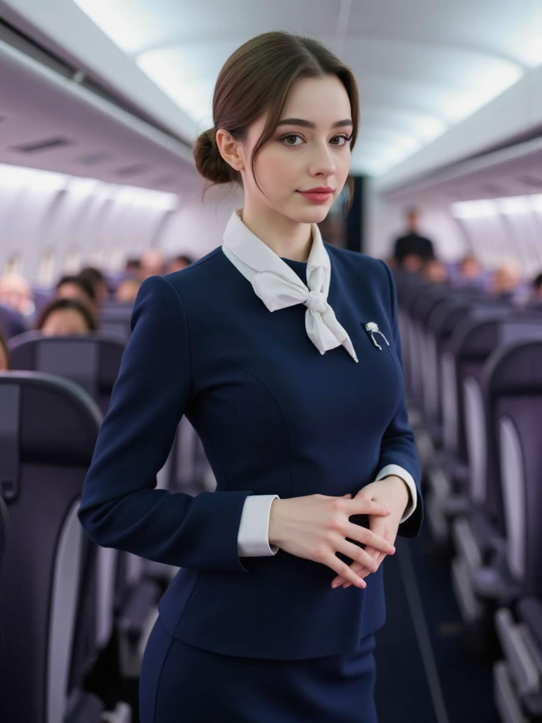 looking at viewer,
--,
--,<lora:AGirl_type3_F1:1>,she is dasha taran,
perfect light art,
--,
--, --,In the spacious cabin of the passenger plane, a beautiful flight attendant in uniform is striking a pose, her demeanor elegant and captivating. She is dressed in a dark blue flight attendant uniform with delicate white trim on the collar and cuffs, highlighting her professionalism and charm. Her hair is neatly tied up, complemented by a small white bow tie, further emphasizing her competence and poise.She gently places her hands on her waist, slightly twisting her body with a graceful and confident posture. Her eyes are full of vitality, and the corners of her mouth curve upward, showcasing her passion for her work and friendliness toward passengers. Inside the cabin, the orderly seats and spacious environment provide the perfect stage for her performance.The photographer chose a side-angle shot, perfectly capturing her profile and the lines of her uniform. Her light steps and elegant posture harmonize with the comfortable cabin setting. This photo captures her professionalism and charm as a flight attendant while also revealing her love for flying and her attentive care for passengers. Her smile and demeanor bring passengers a pleasant flight experience and unforgettable memories.