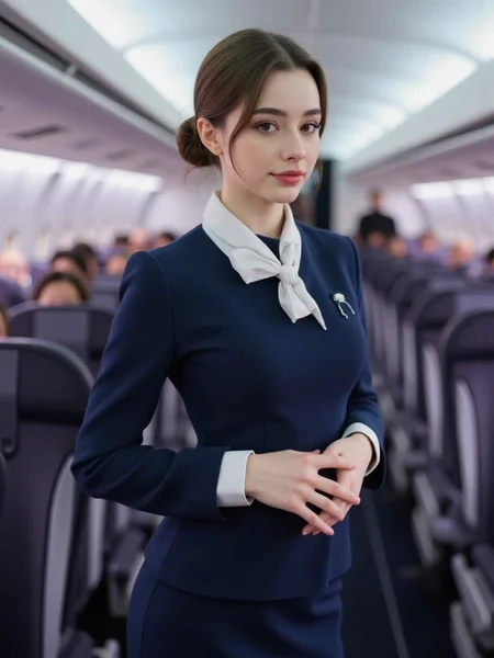 looking at viewer,
--,
--,<lora:AGirl_type3_F1:1>,she is dasha taran,
perfect light art,
--,
--, --,In the spacious cabin of the passenger plane, a beautiful flight attendant in uniform is striking a pose, her demeanor elegant and captivating. She is dressed in a dark blue flight attendant uniform with delicate white trim on the collar and cuffs, highlighting her professionalism and charm. Her hair is neatly tied up, complemented by a small white bow tie, further emphasizing her competence and poise.She gently places her hands on her waist, slightly twisting her body with a graceful and confident posture. Her eyes are full of vitality, and the corners of her mouth curve upward, showcasing her passion for her work and friendliness toward passengers. Inside the cabin, the orderly seats and spacious environment provide the perfect stage for her performance.The photographer chose a side-angle shot, perfectly capturing her profile and the lines of her uniform. Her light steps and elegant posture harmonize with the comfortable cabin setting. This photo captures her professionalism and charm as a flight attendant while also revealing her love for flying and her attentive care for passengers. Her smile and demeanor bring passengers a pleasant flight experience and unforgettable memories.