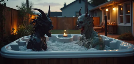 a elderly woman having a bath with a demon, d34thd3m0n